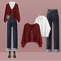 Stile Hijab, Looks Jeans, Red Cardigan Sweater, Mode Zara, Red Cardigan, Cardigan Outfits, Business Outfit, 가을 패션, Casual Style Outfits