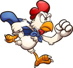 a cartoon chicken wearing a red, white and blue hat running with one foot in the air