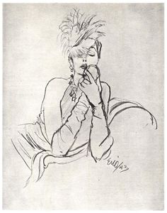 a black and white drawing of a woman holding her hands to her face while sitting down