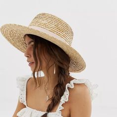 Nwt Asos Design Natural Straw Easy Boater With Size Adjuster And Light Band. Natural Straw With Light Pink Ribbon. Wide Brim Straw Hat Tops Things Off Nicely Domed Crown Wide Brim Ribbon Trim Gold Boater Hat With Short Brim For Summer, Gold Wide Brim Boater Hat For Summer, Gold Flat Brim Straw Hat For Spring, Spring Gold Flat Brim Straw Hat, Summer Brimmed Hats In Neutral Color, Neutral Wide Brim Hat For Spring, Spring Gold Fedora Straw Hat, Gold Fedora Straw Hat For Spring, Spring Neutral Wide Brim Hat