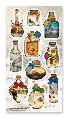 a sticker sheet with many different bottles and decorations on the front, including an image of santa's sleigh