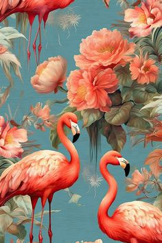 two pink flamingos are standing in front of some flowers and leaves on a blue background