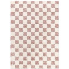 a checkered rug is shown in pink and white