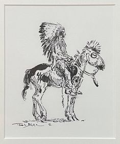 a black and white drawing of a native american horse