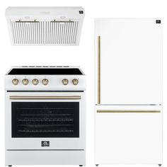 a white stove top oven sitting next to a refrigerator freezer and ventilator