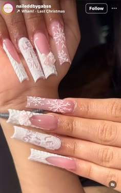 Cute Long Winter Nails, Light Pink Xmas Nails, Snowy Acrylic Nails, Pink Christmas Nails Stiletto, Christmas Heart Nails, Christmas Nails Let It Snow, Pink And White Sweater Nails, Blinged Out Christmas Nails, Baddie Nails Christmas