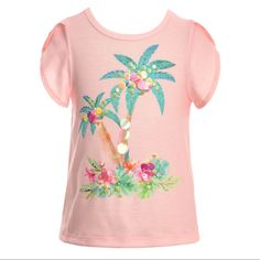 Hannah Banana - Short Sleeve Palm Tree Graphic T-Shirt W/ Sequin And Rhinestone Embellishment Cute Printed Pink Top, Cute Pink Printed Tops, Playful T-shirt For Beach In Spring, Playful Beach T-shirt For Spring, Playful Pink Printed Top, Playful Pink Summer Top, Summer Graphic Print Playwear Tops, Pink Cotton Beach Shirt, Playful Pink Summer Tops