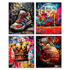 three paintings of basketball shoes and a crown with graffiti on the wall behind them, all in different colors