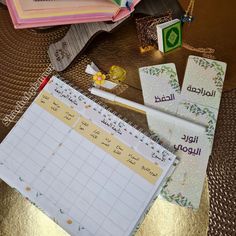 there is a calendar and other items on the table