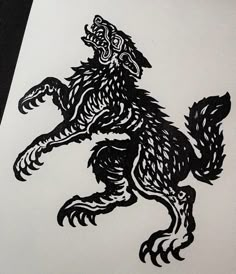 a black and white drawing of a wolf with its mouth open, standing on it's hind legs