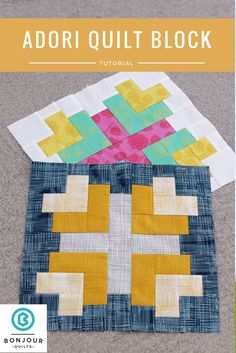 the cover of an adult quilt block with yellow and blue squares on it, in front of