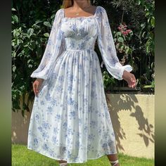 White, Boho, Floral, A Line, Zipper, Square Neck, Long Sleeve, Bishop Sleeve, Regular Fit, Long, High Waist, Flared, Chiffon New Never Worn With No Tag Long Frock Designs, Floral Frocks, Long Frocks, Floral Dresses Long, Shein Dress, Square Neck Dress, Frock Design, Women Long Dresses, Fashion Mode