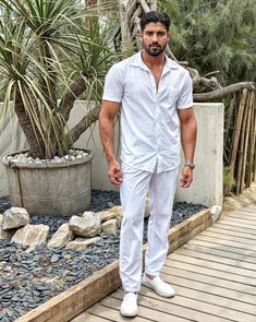 White shirt with white pant outfit ideas for men #whiteshirt White Pant Outfit, Pant Outfit Ideas, White Pants Outfit, White Pant