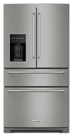 a stainless steel refrigerator freezer with the door open and water dispenser