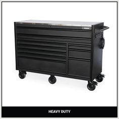 the heavy duty tool cabinet is shown with wheels on each side and two drawers on the other