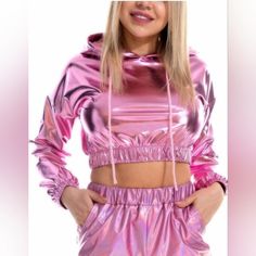 Seekme Women's Metallic Crop Top Hoodie Shiny Long Sleeve Leather Sweatshirt Disco Dance Clubwear. Color: Pink Size: Xlarge Metallic Crop Top, Barbie Costume, Crop Top Hoodie, Crop Top Sweatshirt, Shiny Clothes, Dance Leotards, Loose Pullover, Metallic Pink, Pole Dance