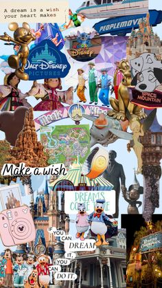 the collage has many different pictures and words on it, including disney's castle