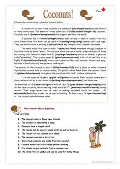 an image of a page with words and pictures on it, including coconuts in the background