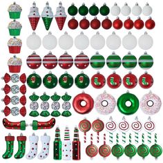 christmas ornaments and decorations are arranged on a white background