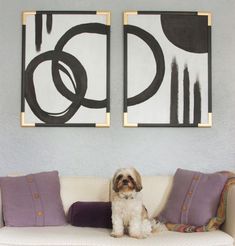 a dog sitting on a couch in front of two paintings