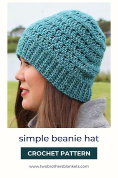 a woman wearing a crochet beanie hat with the text, simple beanie hat