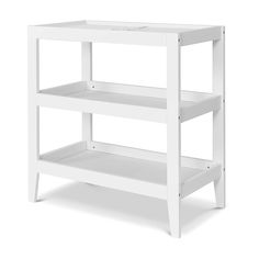 a white wooden shelf with two shelves on each side and one shelf below the shelf