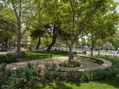 a park with benches and trees in the middle of it, surrounded by greenery