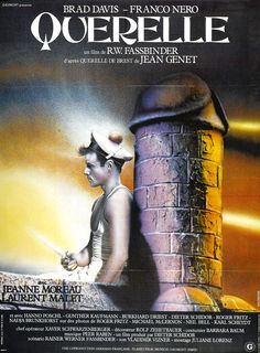 a movie poster for the film querellale with a man standing next to a brick chimney