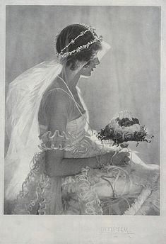 a painting of a woman in wedding dress holding a cake and looking at it with her hands