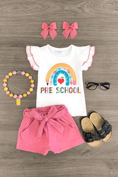 "Preschool - Fifth Grade" Rainbow Short Set | Sparkle In Pink Outfit Ideas For School Winter, Sparkle In Pink, Pink Corduroy, Baby Skirt, Kindergarten First Day, Girl's Back, Corduroy Shorts, Fifth Grade