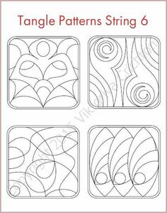 four different patterns with the words tangle patterns string 6 in each one, and an image of