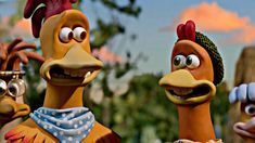 three cartoon chicken characters standing next to each other in front of trees and sky behind them