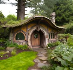 a hobbot house in the middle of a lush green field with trees and bushes