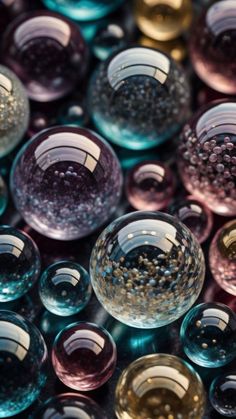 many different colored glass bowls are stacked together on top of each other in this close up photo