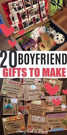 an open suitcase filled with lots of pictures and magnets on the lid that says, 20 boyfriend gifts to make