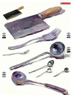 an assortment of utensils and spoons on a white surface