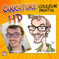 a man with glasses is smiling for the camera and has an orange background that says, caricature hd