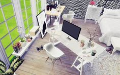 an artist's rendering of a bedroom with a desk, chair and computer monitor