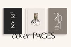 the covers of four books are shown in black, white and grey colors with text that reads cover pages