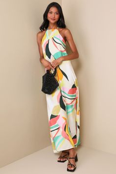 Beige Multi Abstract Print Dress - Backless Dress - Maxi Dress - Lulus Trendy Beach Maxi Dress, Trendy Halter Neck Beach Maxi Dress, Trendy Halter Neck Maxi Dress For Beach, Trendy Beach Maxi Dress For Beach Season, Trendy Maxi Dress For Beach Vacation, Trendy White Maxi Dress For Beach, Trendy Beach Season Maxi Dress For Vacation, Trendy Maxi Dress For Beach Season Vacation, Trendy Maxi Dress For Beach Season