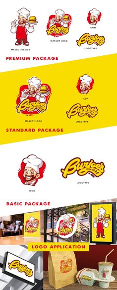 various logos and stickers for fast food restaurant, including the logo with chef on it