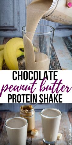 chocolate peanut butter protein shake is being poured into two glasses with bananas in the background