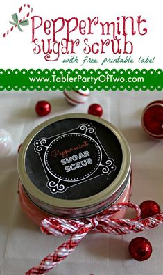 peppermint sugar scrub with free printable label on it and candy canes