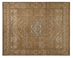 an area rug with various patterns and colors on the floor, including beiges and browns