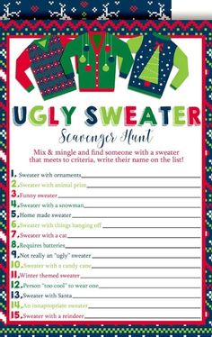 ugly sweater party game is shown in red, green and blue with the words ugly sweater on it