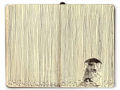 a drawing of a person walking in the rain with an umbrella over their head, and another man holding an umbrella