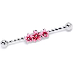 a pink flower belly bar with silver balls on top and two red flowers on the end