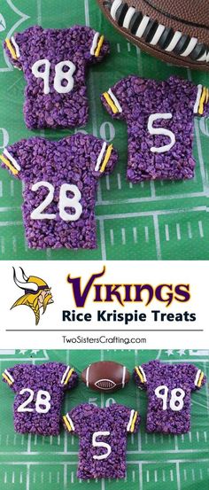 purple rice krispy treats are arranged to look like footballs and numbers on the field