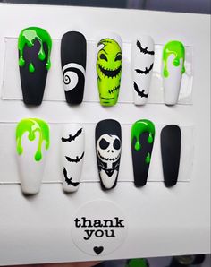 Halloween Press On Nail Designs, Halloween Nails Different Designs, Jack Skellington And Oogie Boogie Nails, Halloween Nail Designs Jack Skellington, Oogie Boogie Halloween Nails, Nightmare Before Christmas Nails Oogie Boogie, Jack And Oogie Boogie Nails, Halloween Nail Designs Nightmare Before Christmas, Jack Skellington Nails Acrylic Short