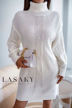 Lasaky - Luxurious Cable Knit Turtleneck Sweater Mini Dress for Winter Cable Knit Jumper Dress, Sweater Dresses For Women, High Neck Sweater Dress, Brioche Knitting, Sweater Mini Dress, Winter Turtleneck, Knitted Jumper Dress, Cable Knitting, Cosy Winter